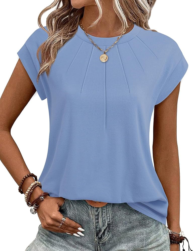 Vivilli Womens Summer Tops Cap Sleeve Pleated Crew Neck T Shirts Short Sleeve Tops Dressy Casual Tunic Tshirts Work Blouses