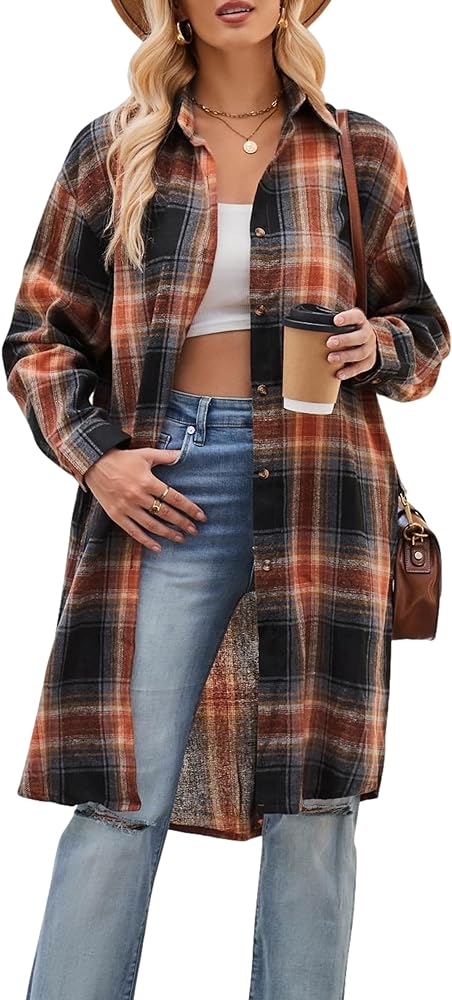 Womens Casual Long Flannel Plaid Shirts Fall Fashion Long Sleeve Boyfriend Coats Jackets with pockets