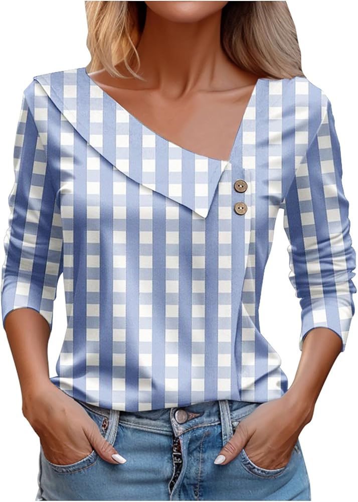 Women Tops Spring 2024 Long Sleeve V Neck Loose Shirts Plaid Print Asymmetric Button Blouses Business Casual Tunic