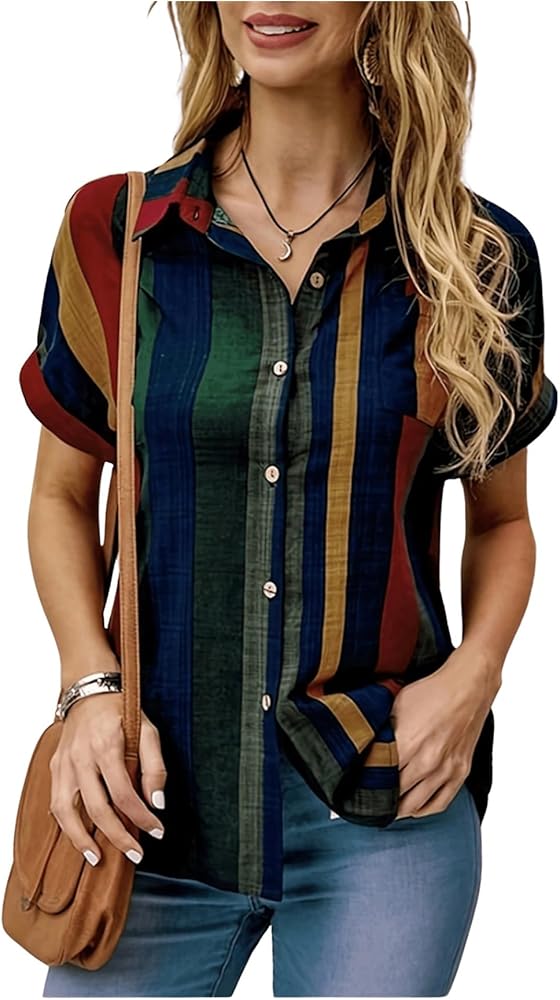 SOLY HUX Women's Striped Shirt Button Down Short Sleeve Pocket Front Blouse Tops