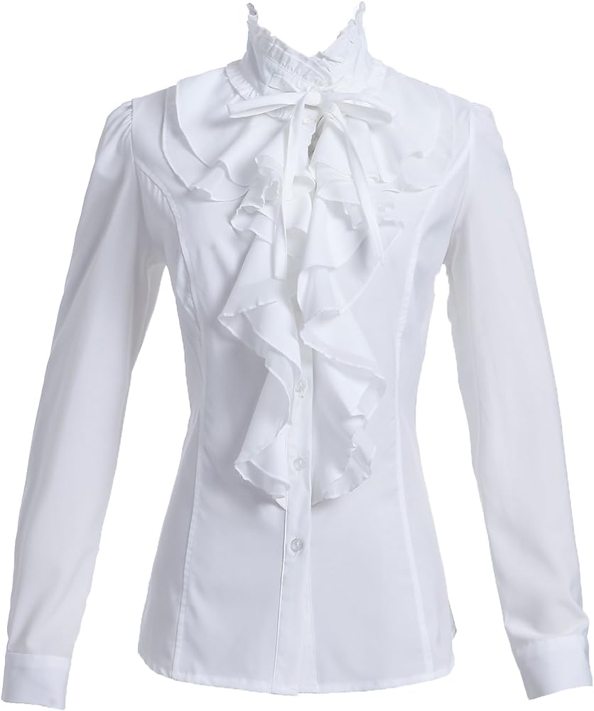 Women Shirts Lace Ruffle Neck Stand-Up Collar Victoria Ruffle Bow BlouseLong Sleeve OL Shirt Tops US S-US 2XL