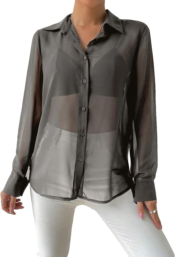 Verdusa Women's Sheer Mesh Button Up Shirt Long Sleeve See Through Blouse