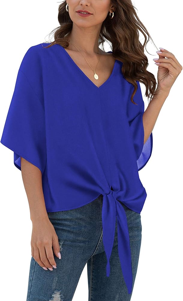 VIISHOW Womens Tie Front Chiffon Blouses V Neck Batwing Short Sleeve Summer Tops Shirts