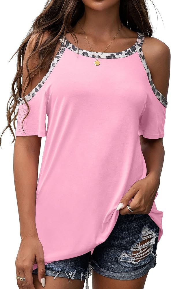 GRECERELLE 2024 Womens Summer T Shirts Short Sleeve Tunic Strappy Cold Shoulder Tops