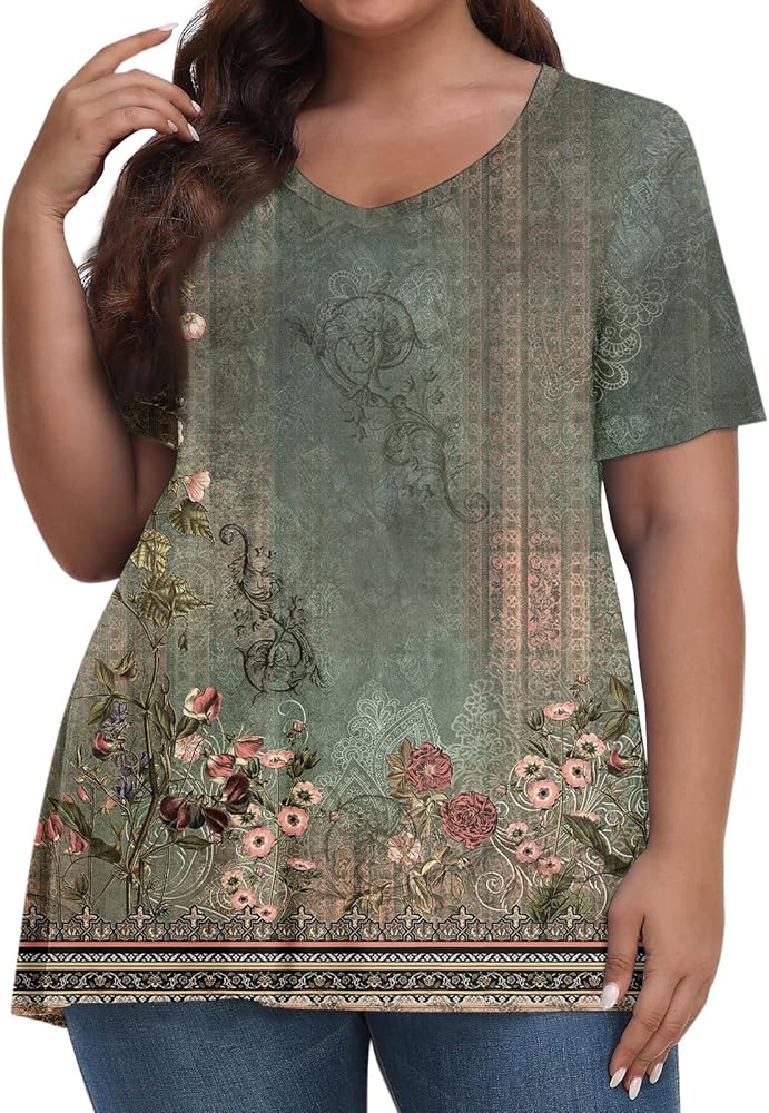 Generic Plus Size Plus Size Tops Short Sleeve Spring Tops for Women 2024 Trendy Casual Short Sleeve V Neck Blouses Shirts Fashion Printed Graphic Tunic Tops 03-Dark Green 3X-Large