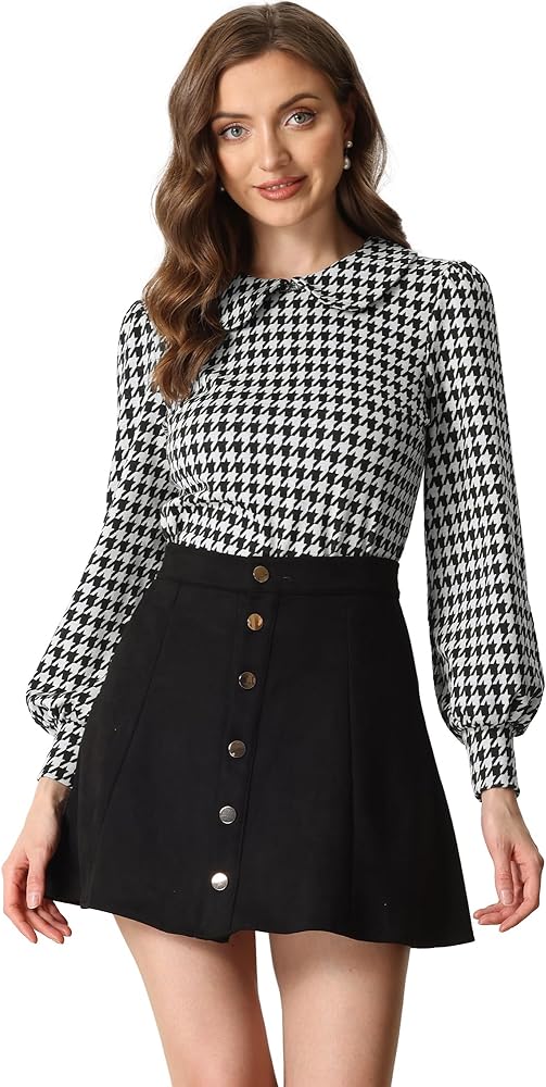 Allegra K Women's Peter Pan Collar Shirt Fashion Puff Long Sleeve Houndstooth Plaid Blouse