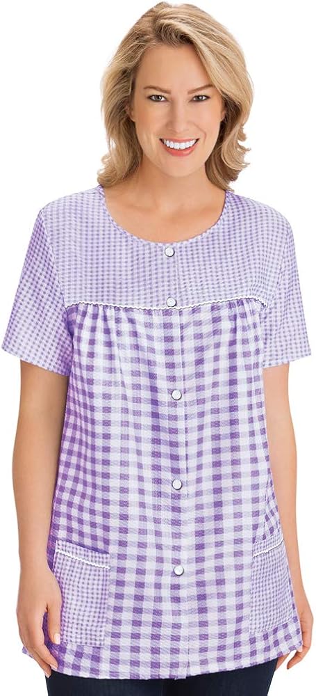 Collections Etc Seersucker Checkered Pattern Snap Front Top with Pockets, Lightweight Short-Sleeve Scoop Neckline Shirt