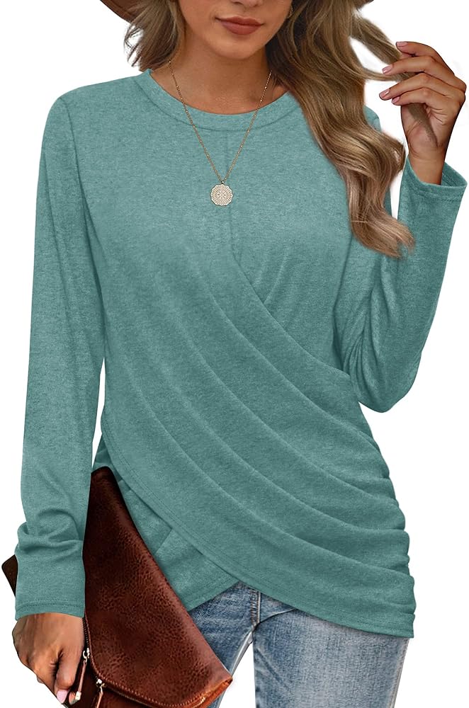 Jescakoo Womens Tops Long Sleeve Shirts Twist Front Crew Neck Tunics