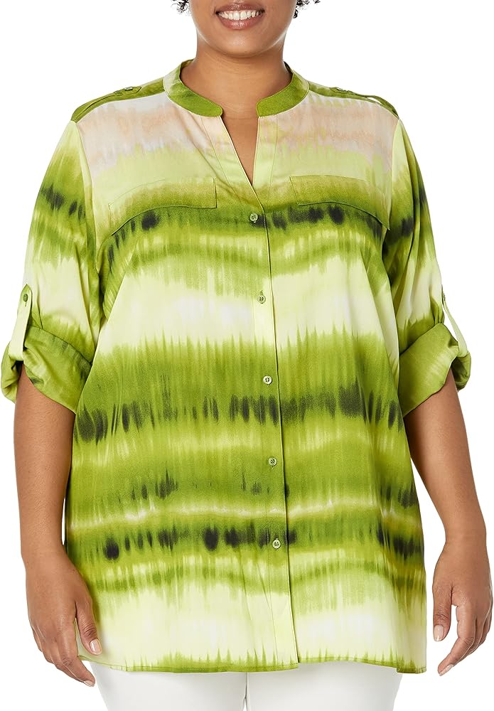 Calvin Klein Women's Plus Size Blouse Printed Roll Tab Sleeve Crew Neck