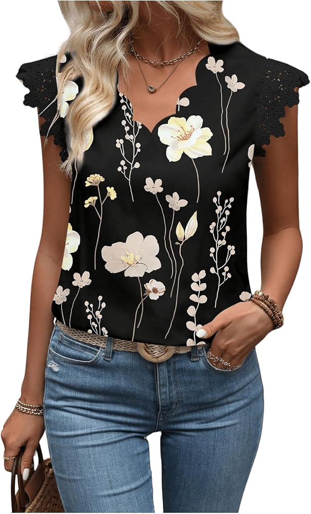 SOLY HUX Women's Floral Print Blouse Lace Cap Sleeve V Neck Scallop Summer Tops