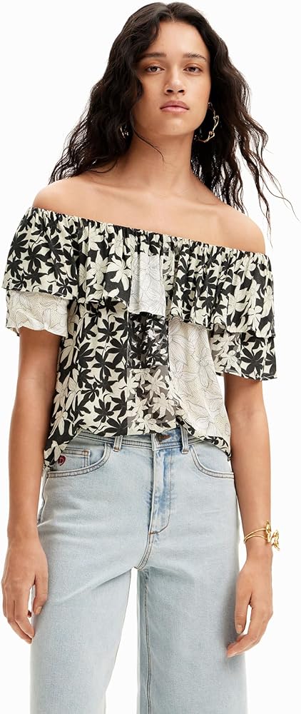 Desigual Women's Patchwork Floral Ruffle Blouse White