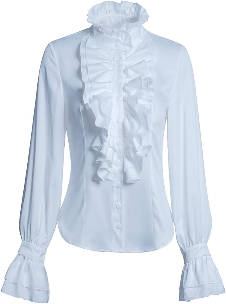 Women Victorian Gothic Ruffled Lotus High Neck Lace Flare Lantern Long Sleeve Top Blouse Shirt