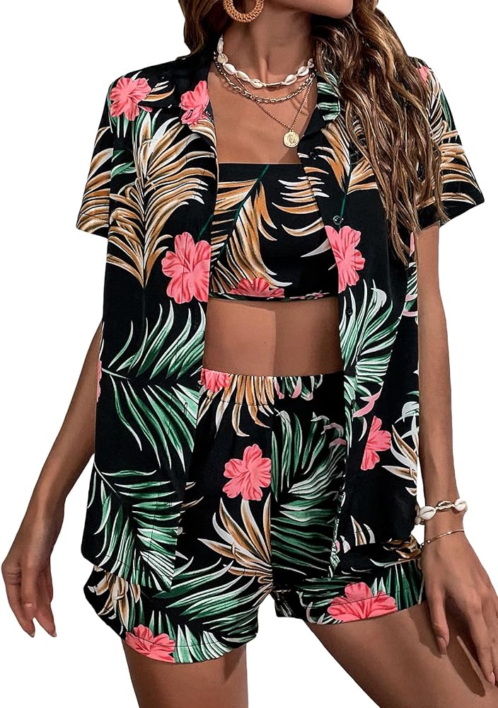 Floerns Women's 3 Piece tropical print blouse and Shorts with Tube Top