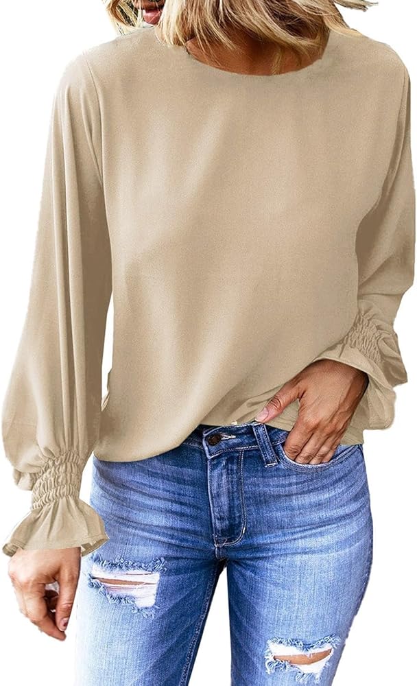 Dokotoo Long Sleeve Shirts for Women 2024 Ruffle Bubble Sleeve Casual Loose Tops and Blouses