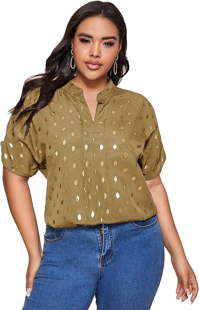 SOLY HUX Women's Plus Size Allover Cute Printed Blouse Notched V Neck Short Sleeve Casual Tops