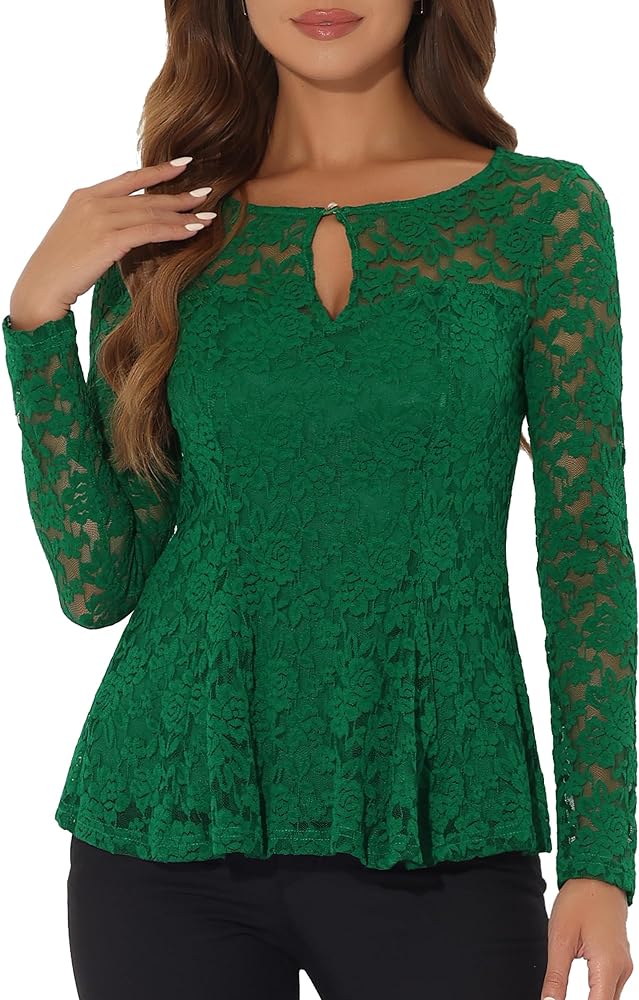 Allegra K Women's Lace Tops Keyhole Front Peplum Hem Sheer Long Sleeve Blouse