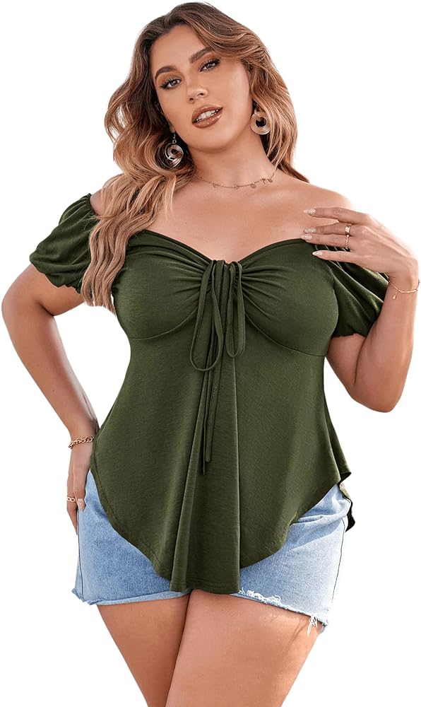 SOLY HUX Women's Plus Size Short Sleeve Peplum Blouse Tie Front Ruffle Hem Summer T Shirt Tops