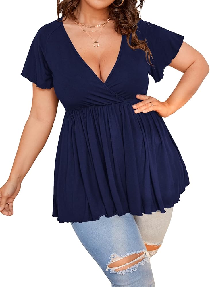 SweatyRocks Women's Plus Size Short Sleeve Deep V Neck Ruffle Hem Blouse Pleated Flared Peplum Top