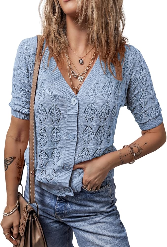 Dokotoo Womens Summer Tops Short Sleeve Crochet Cardigan V Neck Button Down Shirts Knit Shrug Open Front