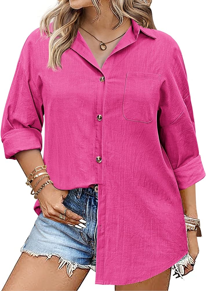 IN'VOLAND Womens Plus Size Linen Button Down Shirts Long Sleeve Cotton Casual Collared Shirt Loose Blouses Tops with Pocket