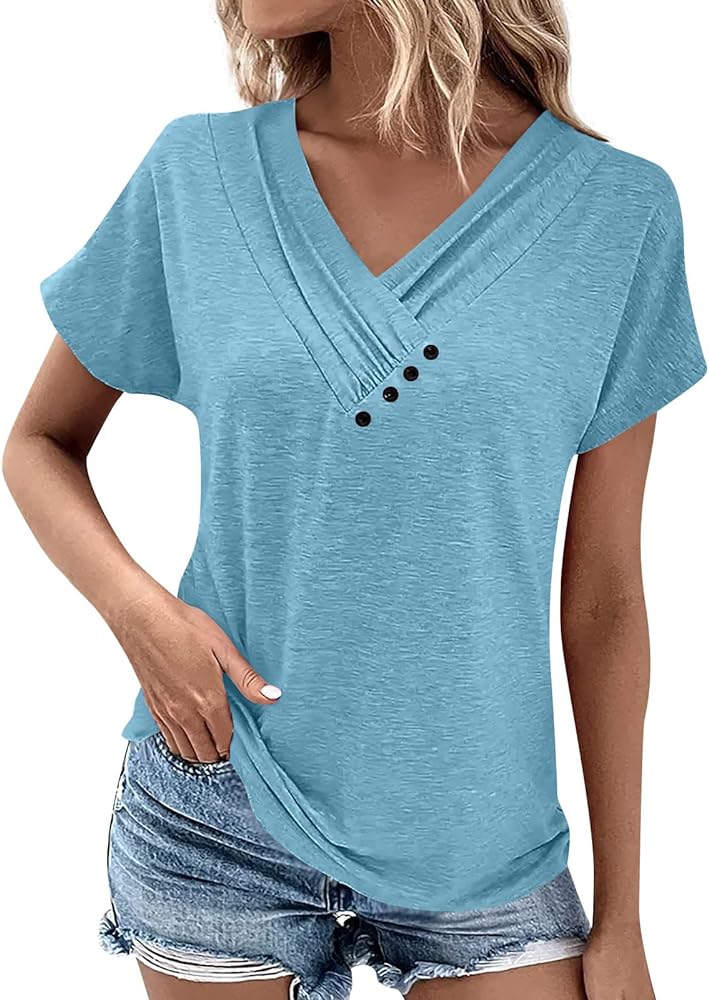 Tops for Womens Plus Size Short Sleeve Casual Pullover V Neck Fashion Blouse Tees 2024 Summer Button Printed T Shirt