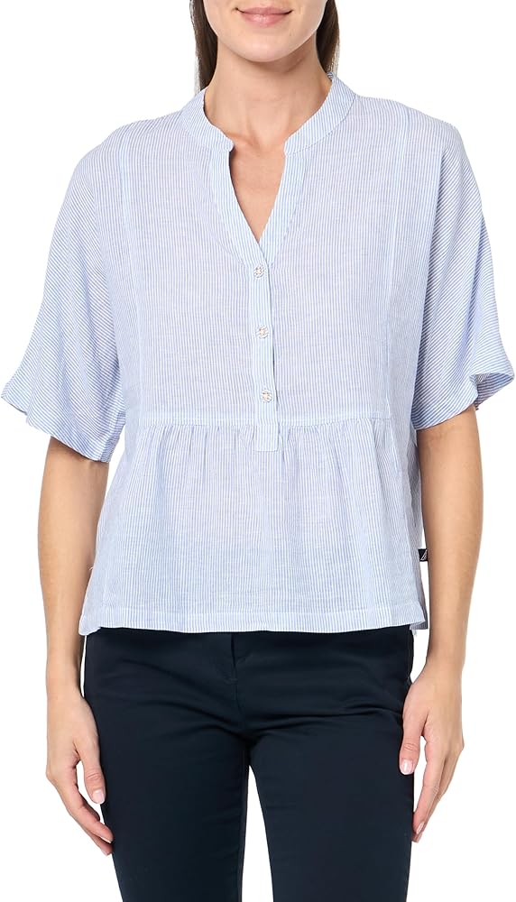 Nautica Women's Popover Short Sleeve Linen Blend Shirt