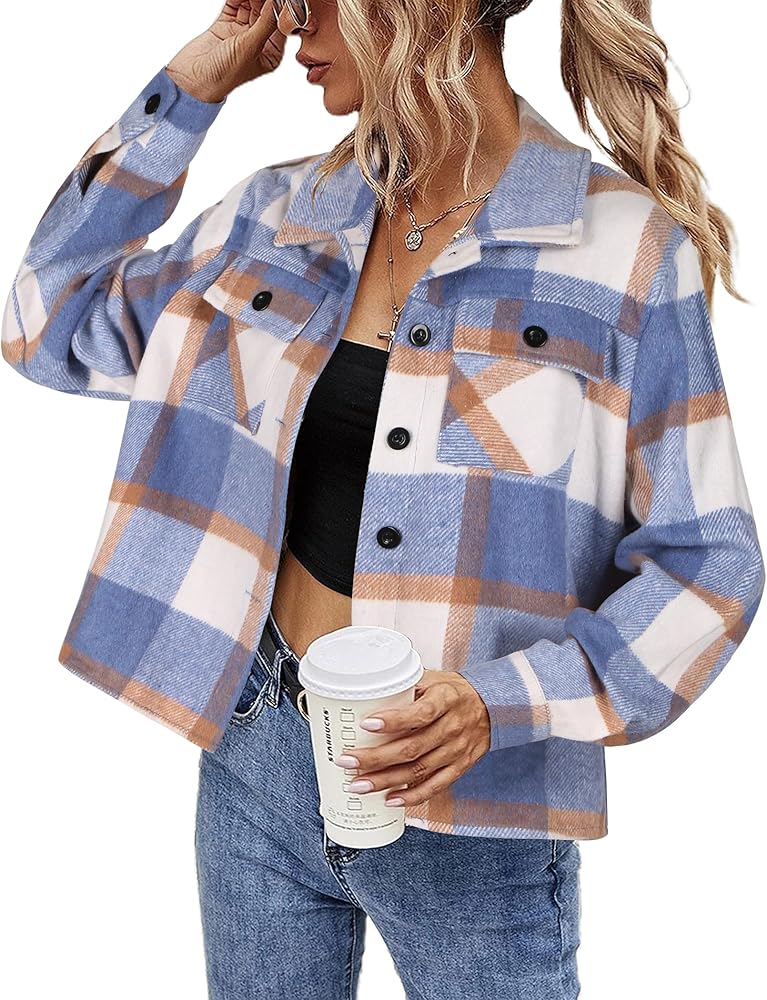 HOTOUCH Cropped Shacket Women Long Sleeve Light Jackets Ladys Flannel Shirts 2024 Fall Fashion Trendy