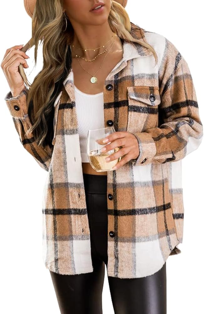 Trendy Queen Womens Flannel Shacket Jacket Casual Plaid Button Down Long Sleeve Shirt Fall Clothes Outfits