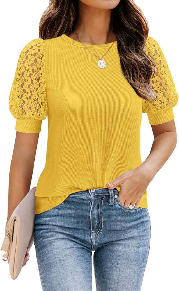 DOROSE Women's Puff Sleeve Tops Lace Casual Loose Summer Blouses T Shirt