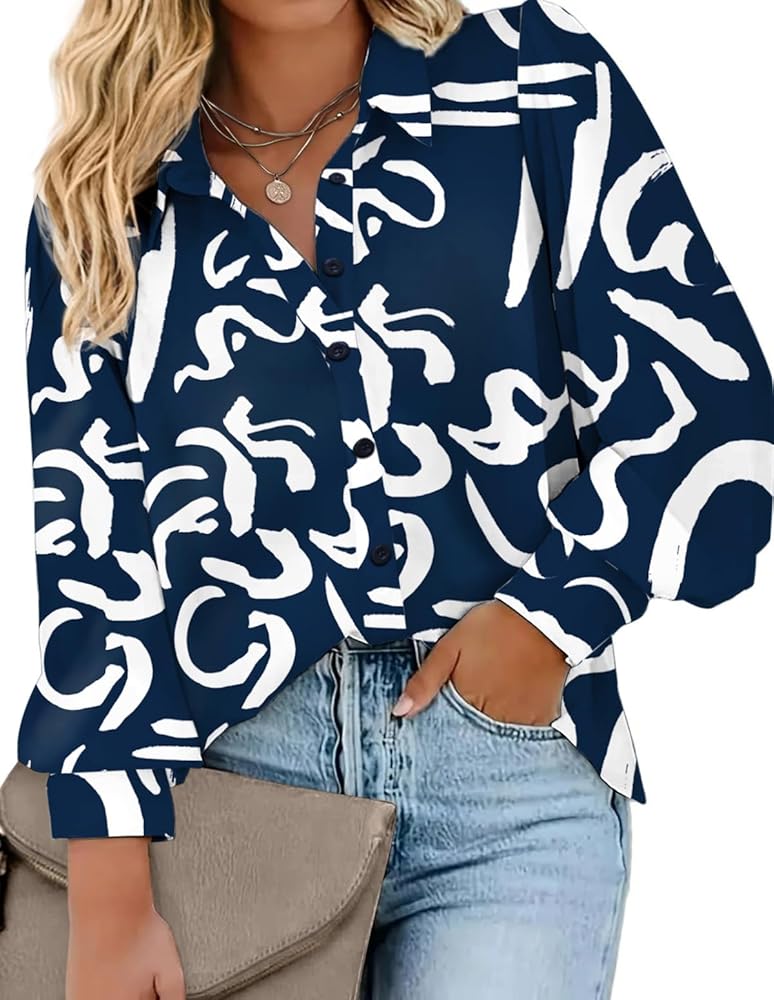 IN'VOLAND Womens Plus Size Button Down Shirts Print Long Sleeve Blouses Boho Floral Shirts Hawaiian Shirts Work Office Tops