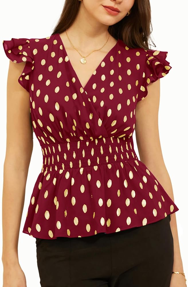 GRACE KARIN Peplum Tops for Women Wrap V Neck Business Casual Blouses Short Sleeve Polka Dot Ruffle Summer Tops Shirts