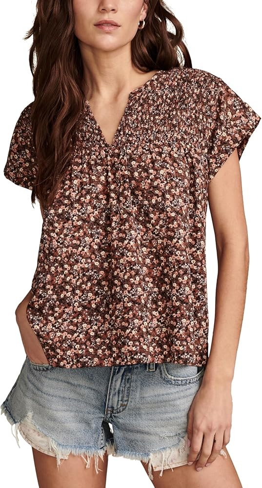 Lucky Brand Women's Short Sleeve Printed Smocked Blouse