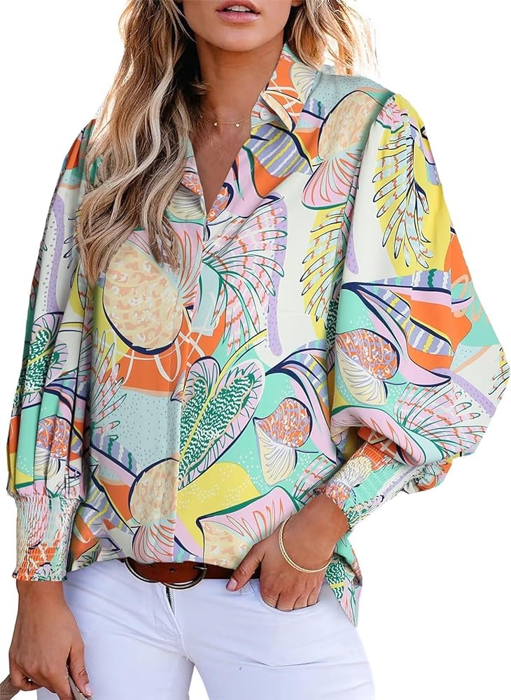 Astylish Women 2024 Loose V-Neck Shirts Paisley Print Lantern Sleeve Blouse Tops