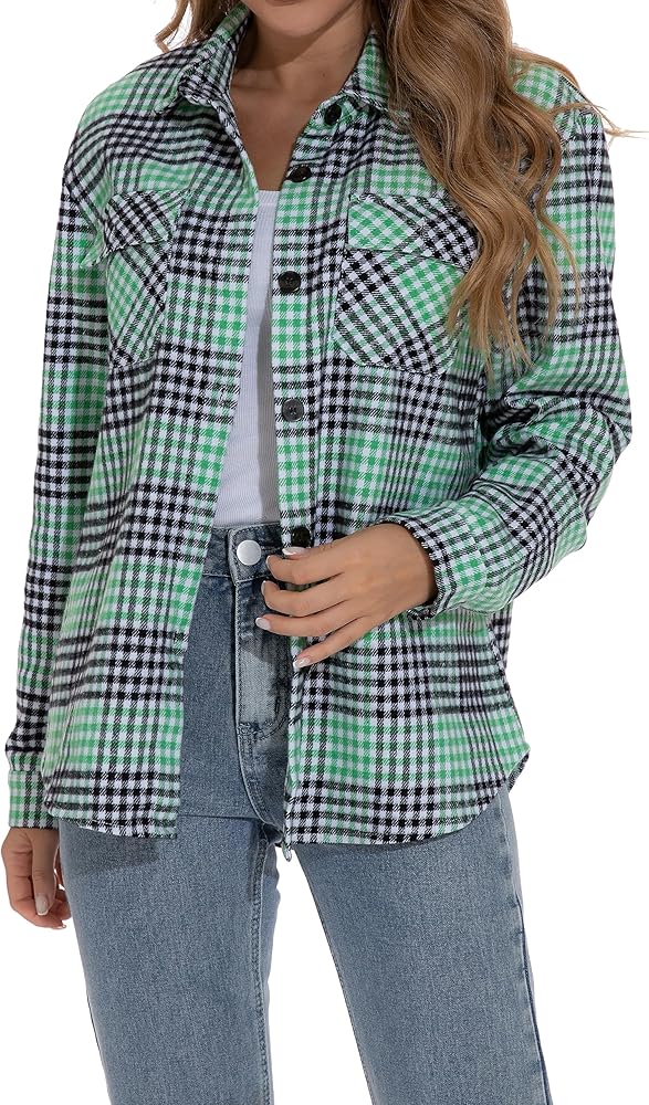 GUANYY Womens Flannel Shirt- Button Down Long Sleeve Shirts Lightweight Plaid Shacket Jacket 2024 Fall Outfits