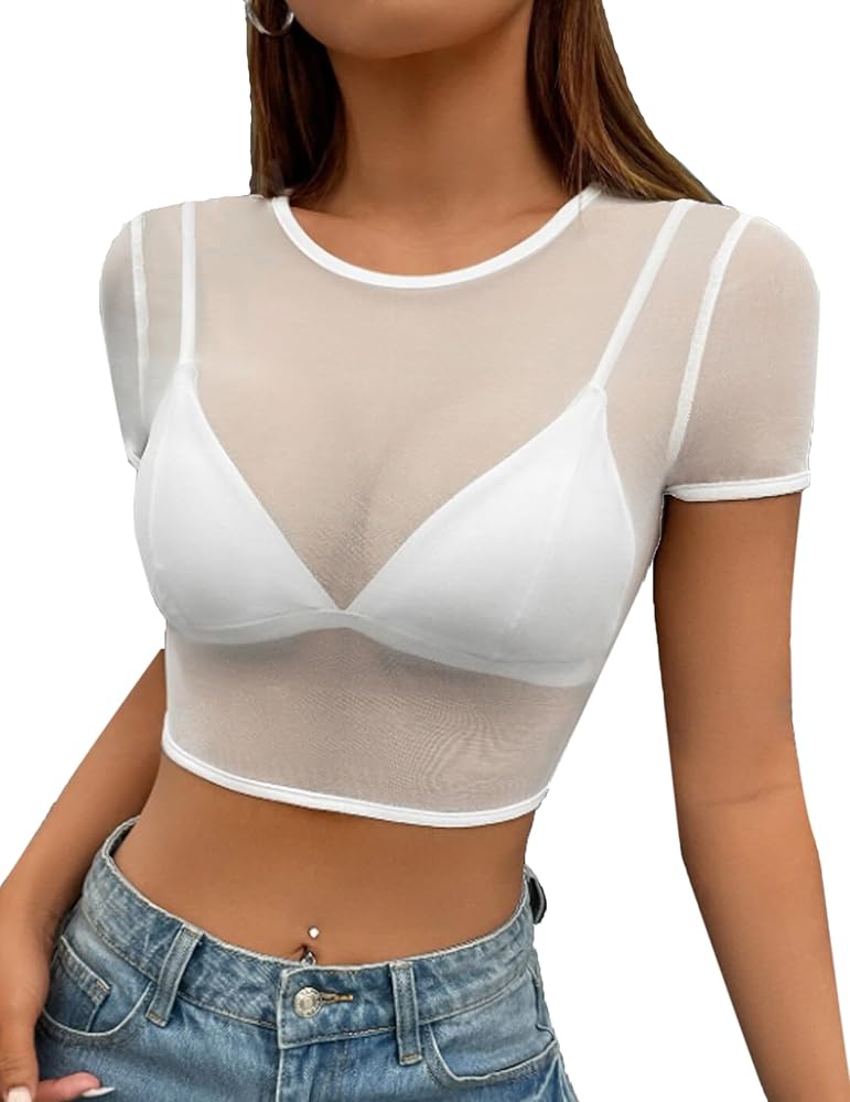 Avidlove Mesh Crop Top for Women Short Sleeve Bodycon Tees See Through Blouse O Neck Clubwear