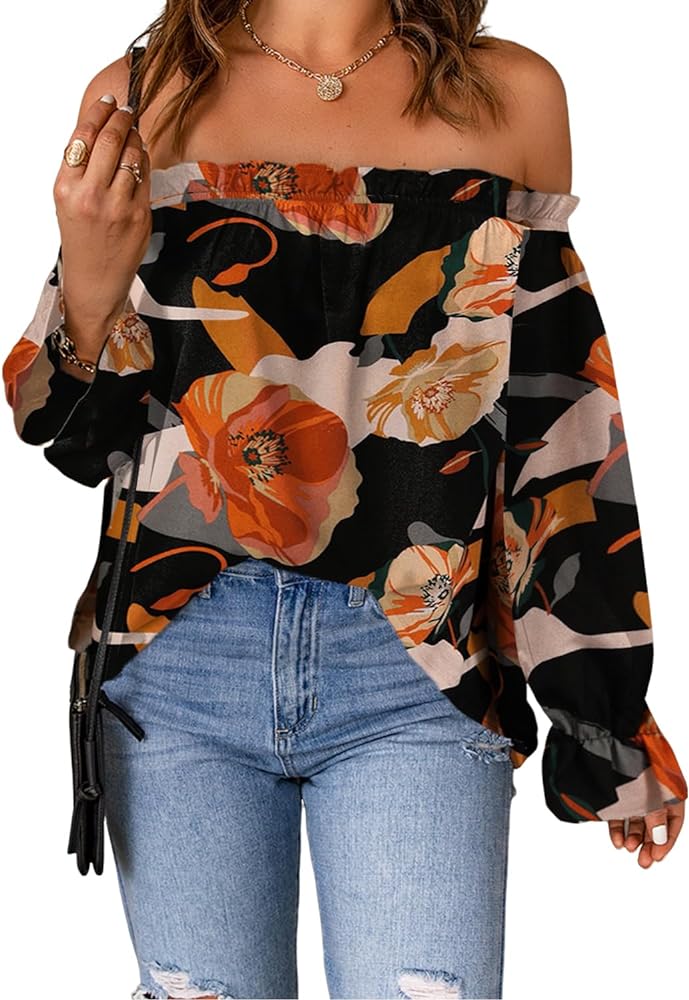 Women's Off Shoulder Top Ruffle Long Sleeve Chiffon Blouse Casual Loose Shirts