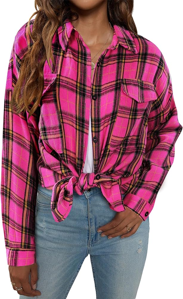 Blooming Jelly Women's Button Down Flannel Shirts Plaid Shacket Long Sleeve Collared Business Casual Tops Work Blouses