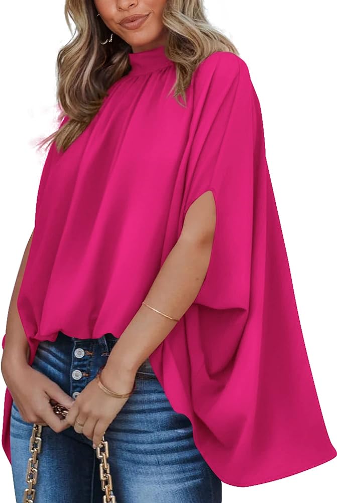 BTFBM Women Mock Neck Batwing Short Sleeve Summer Tops 2024 Spring Loose High Low Hem Casual Oversize Blouses Shirts Top