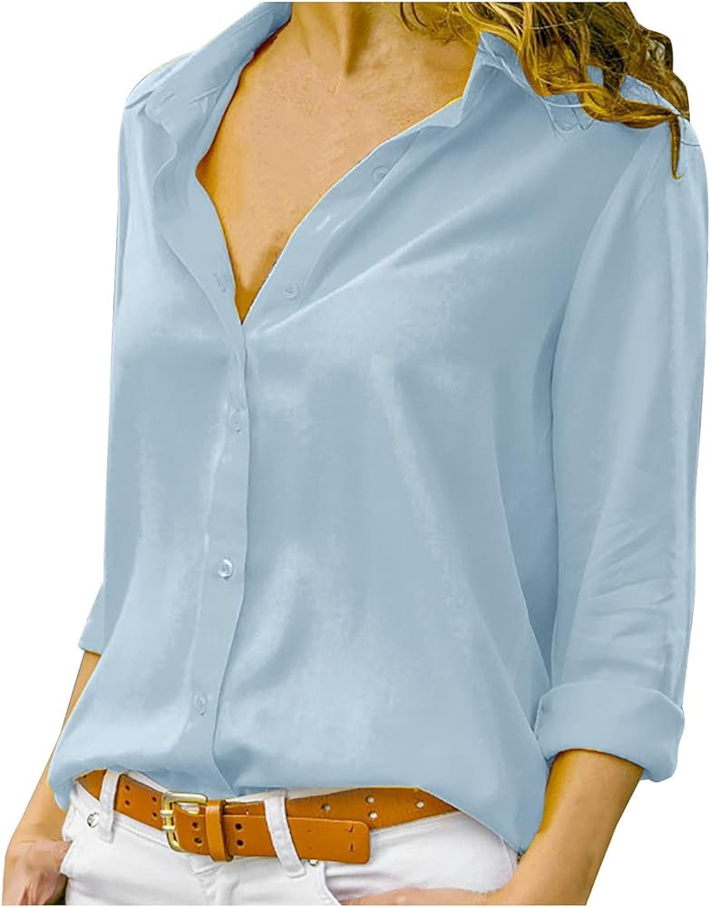 Blouses for Women Dressy Casual,Long Sleeve Plus Size Solid Button Chiffon Shirt Lightweight Trendy T-shirt Top