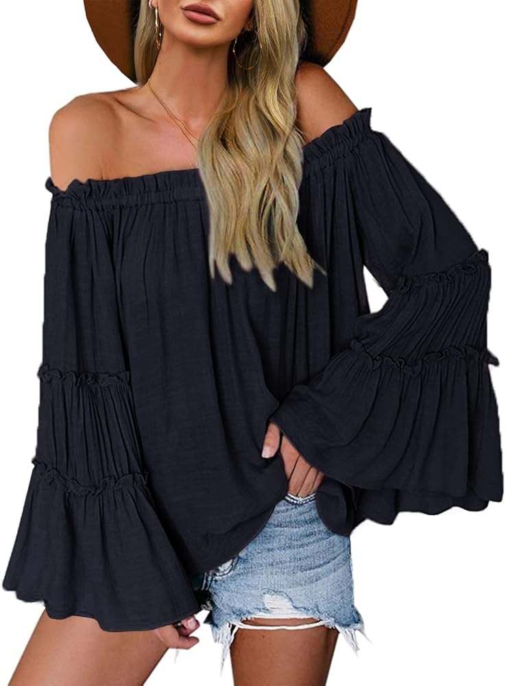 Womens Off The Shoulder Long Bell Sleeve Tops Flared Casual Loose Blouse