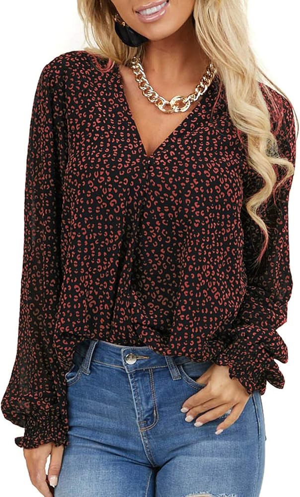 MLEBR Womens Blouses Fashion Long Sleeve V Neck Loose Casual Floral Leopard Printed Chiffon Blouses Tops and T Shirts