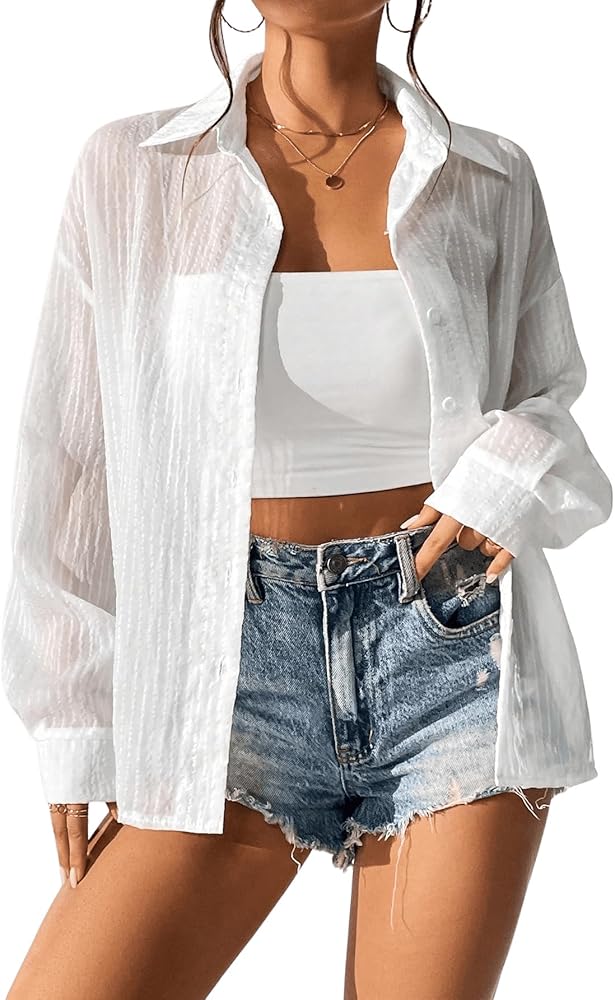 SweatyRocks Women's Long Sleeve Drop Shoulder Button Down Shirt Loose Fit Sheer Blouse Top