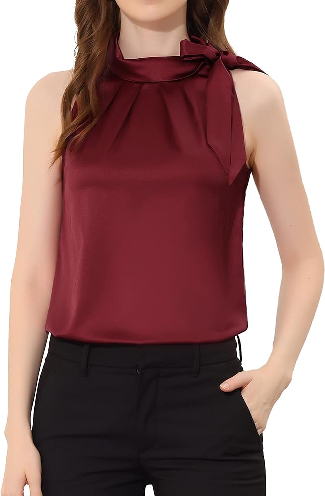 Allegra K Women's Elegant Satin Sleeveless Tie Knot Mock Neck Solid Work Blouse Top