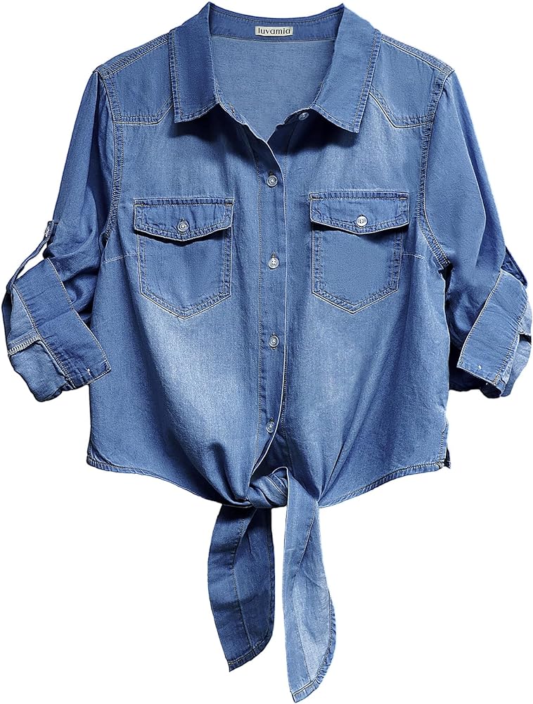 luvamia Denim Tops for Women Trendy Button Down Denim Shirt Tie Front Blouse 3/4 Sleeve Jean Chambray Crop Top Cardigan