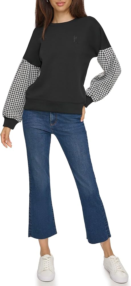 Karl Lagerfeld Paris Women's Houndstooth Detail Long Sleeve Blouse