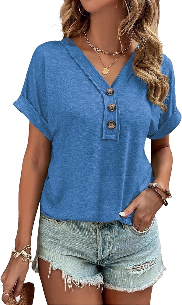 Women Summer Tops Spring Fashion Button Down Shirts Short Sleeve Tshirts Casual T Shirts V Neck Clothes