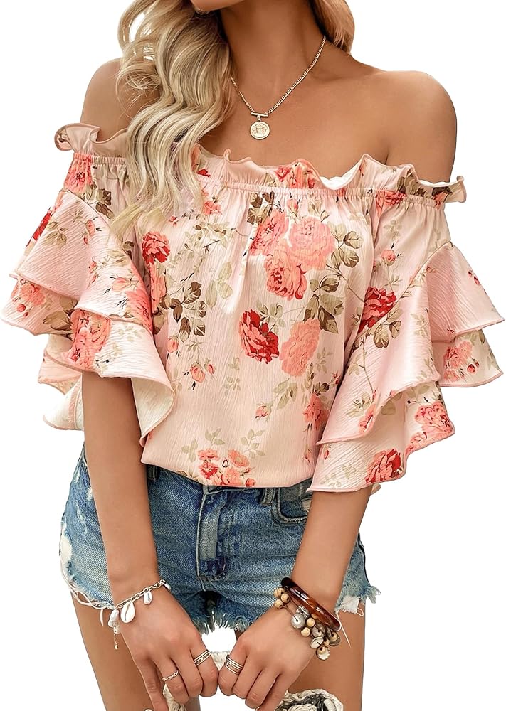 SOLY HUX Women's Floral Print Blouse Off Shoulder Ruffle Trim Half Sleeve Summer Tops