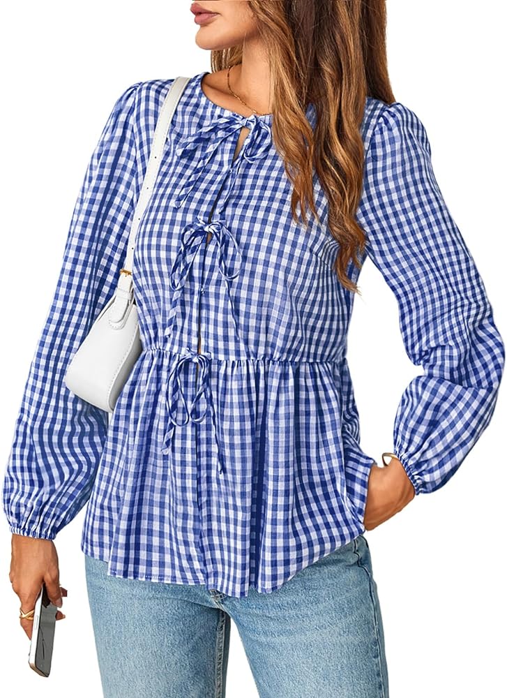 MEROKEETY Women's 2024 Tie Front Plaid Blouse Shirt Cute Puff Long Sleeve Crewneck Button Y2K Ruffle Babydoll Peplum Tops