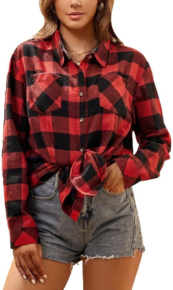 Damipow Flannel Shirt Women Long Sleeve Fall Blouse Ladies Casual Top Cute Clothes