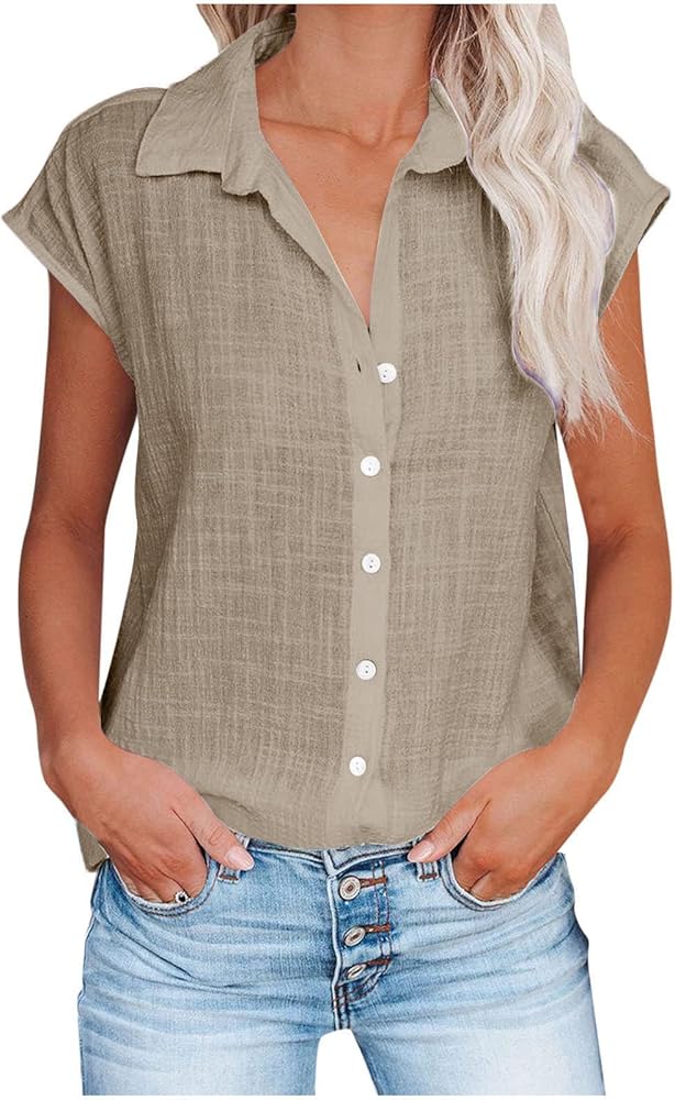 Summer Tops for Women 2024 Trendy Cotton Linen Button Down Shirts Dressy Cap Sleeve Collared Business Casual Blouses